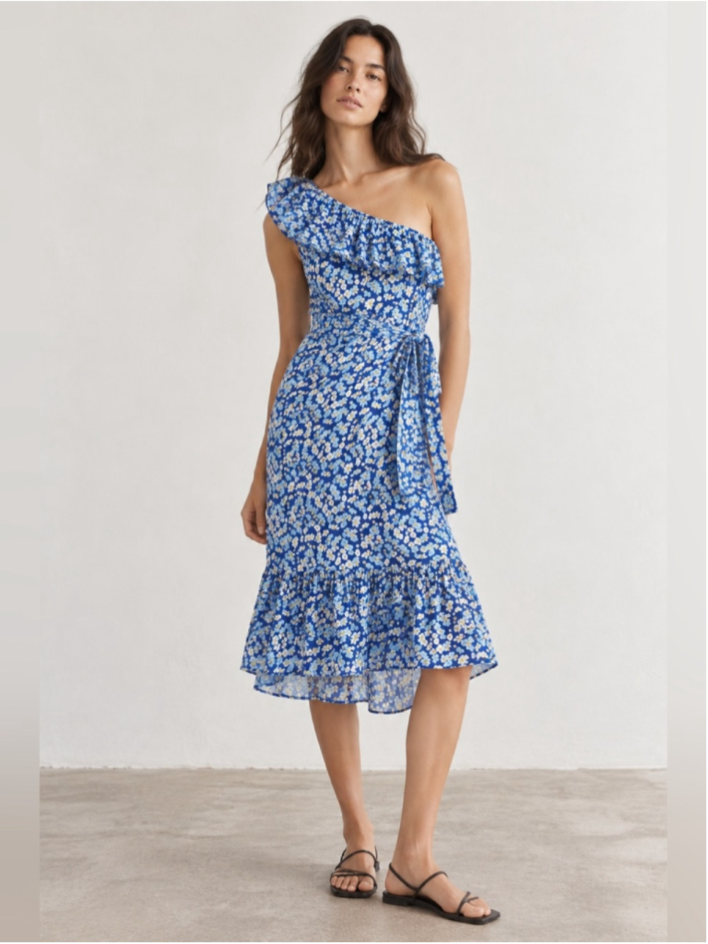 FP Rue Stiic Blue Floral One Shoulder Midi Dress XS Ruffle Belted Boho BNWT